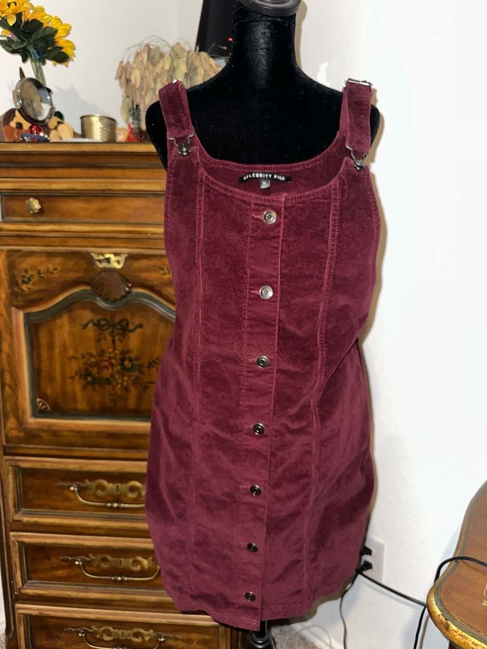 Celebrity Pink Women's Corduroy Pinafore Mini Dress Maroon Size XL
